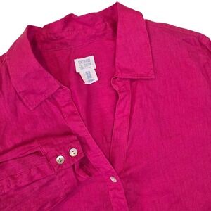 Sigrid Olsen Womens 1X 100% Linen Button Down Shirt Fuchsia Pink Roll Tab Sleeve